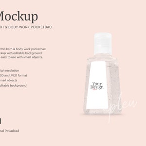 May include: A clear plastic bottle of hand sanitizer with a white label that says "Your Design" on it. The bottle is sitting on a light pink background.