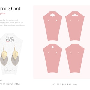 Puede incluir: Tres plantillas de tarjetas de pendientes rosas con bordes redondeados y dos agujeros para pendientes. El texto "Your Design Here" está en la tarjeta. El texto "SVG. DXF. EPS. PSD. PNG" está en la parte inferior de la imagen.