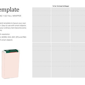 Puede incluir: Una plantilla para una envoltura de caramelos Tic Tac. La plantilla es un rectángulo blanco con un borde discontinuo. El texto "Tic Tac 1 Oz Candy Full Wrapper" está en la parte superior de la plantilla. El texto "Template" está en la parte superior de la página. El texto "TIC TAC 1 OZ FULL WRAPPER" está debajo de la palabra "Template". El texto "Get blank template to layout your own design. Easy to use with smart objects. Make your ordinary item become extra ordinary" está debajo del texto "TIC TAC 1 OZ FULL WRAPPER". El texto "• High resolution" está debajo del texto "Make your ordinary item become extra ordinary". El texto "• PSD, WORD, SVG, DXF, EPS and PNG" está debajo del texto "• High resolution". El texto "• With smart objects" está debajo del texto "• PSD, WORD, SVG, DXF, EPS and PNG". Una caja Tic Tac rosa está en la esquina inferior izquierda de la página.
