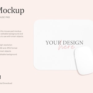 May include: White mouse pad mockup with the text "YOUR DESIGN here" in pink. The mouse pad is on a light pink background. A white computer mouse is on the right side of the mouse pad.