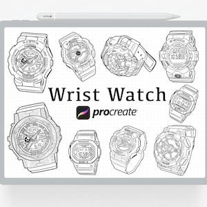 May include: A digital illustration of nine different wrist watches with various designs and features. The watches are drawn in black and white and have a textured appearance. The text "Wrist Watch" and "procreate" are also included in the image.