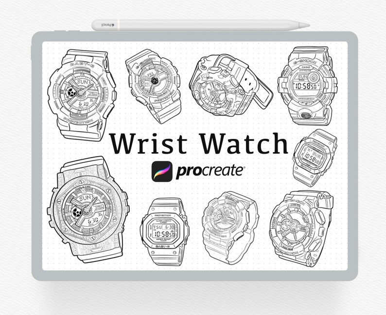 Peut inclure: Illustration num&eacute;rique de neuf montres-bracelets diff&eacute;rentes avec divers designs et caract&eacute;ristiques. Les montres sont dessin&eacute;es en noir et blanc et ont un aspect textur&eacute;. Le texte "Wrist Watch" et "procreate" est &eacute;galement inclus dans l'image.