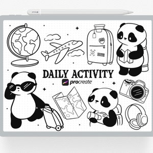 Pode incluir: Ilustrações em preto e branco de um panda usando óculos de sol e segurando uma mala, um panda com mochila e binóculos, um panda segurando um mapa, um globo terrestre, um avião, uma mala, uma câmera e fones de ouvido. O texto "DAILY ACTIVITY" e "procreate" também está incluído na imagem.