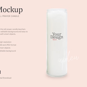May include: A white tall prayer candle mockup with the text "Your Design here" on the label. The candle is on a light pink background.