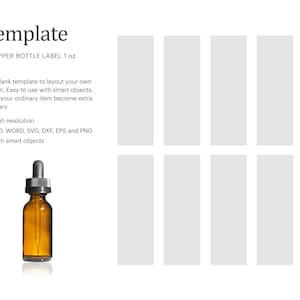 Puede incluir: Plantilla para una etiqueta de frasco cuentagotas de 30 ml. La plantilla está dividida en seis secciones, cada una con un fondo gris. La plantilla incluye un frasco con un cuentagotas y texto que dice "Plantilla" y "Etiqueta de frasco cuentagotas 30 ml".