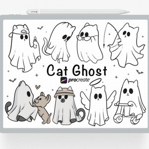 May include: A set of black and white line drawings of cute cat ghosts in various poses. The ghosts are wearing hats, holding fishing rods, and riding a toy scooter. The text "Cat Ghost" is written in the centre of the image.
