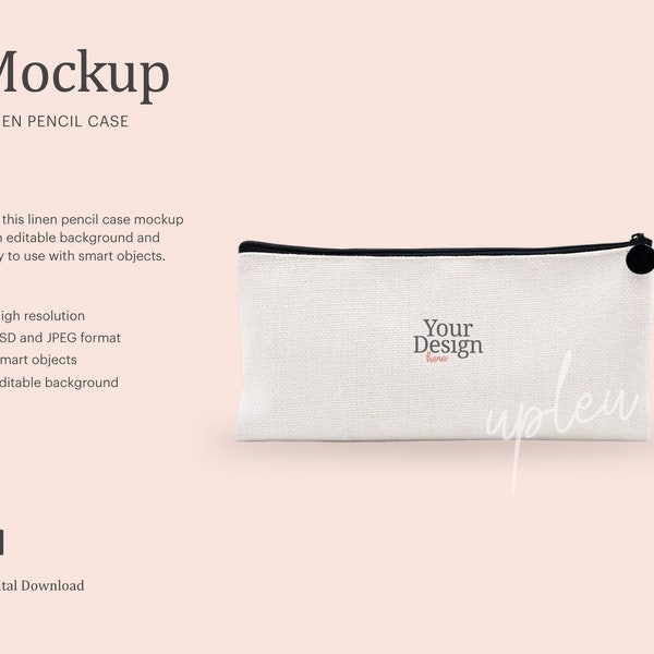 Linen Pencil Bag Mock up, Sublimation Pencil Bag Mock up, Linen Zipper Pouch Mock up | Compatible With Affinity Designer - Smart Object