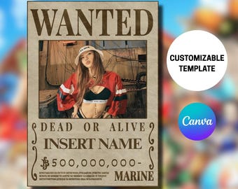 Customizable Wanted Poster Template, Editable One Piece Anime Inspired Design, Anime Wanted Poster Canva, Personalized Pirate Poster, Luffy
