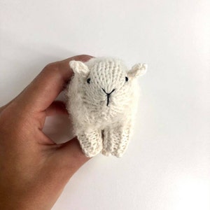 May include: A small, hand-knitted lamb in off-white, featuring black embroidered eyes and mouth. The lamb has a fluffy, textured body and small ears. A charming, handcrafted item, perfect as a decorative piece.