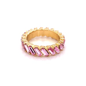 C87- Baguette Multi Stone Gold Plated Cz Ring - Pink