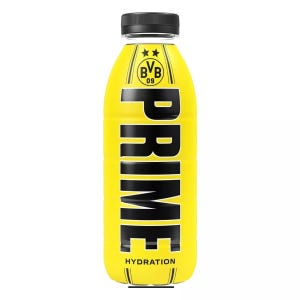 May include: A yellow plastic bottle with a black cap and label. The label says "PRIME HYDRATION" and has a black and white logo with the text "BVB 09".