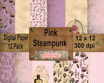 Pink Steampunk Themed Digital Paper 12 x 12 300 dpi