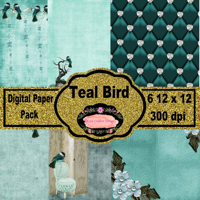 Teal Bird Digital Papers 12 x 12 300 dpi