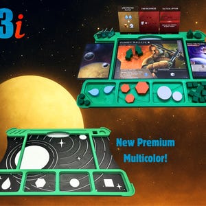May include: A green plastic board game organizer tray featuring multiple recessed compartments for game pieces, cards, and tokens. The tray includes a central area for a character card and side slots for game cards, with white icons printed on the base.