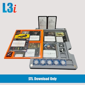 May include: A grey and orange game organiser with multiple compartments for cards and tokens. The organiser holds various game cards, including "Fuel Leak" and "Panicked Pilot". The text "STL Download Only" is at the bottom.