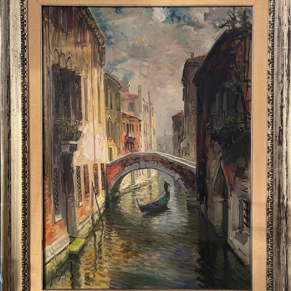 Dipinto olio su tela, Rio Muazzo, Venezia, Gino Salviati (1911-1998), arte moderna