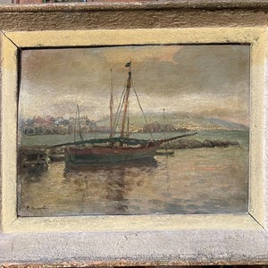 Old painting, oil on panel, seascape, Gulf of Naples, 19th century