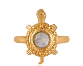 Tortoise Ring, Flashy Blue White Genuine Moonstone Ring, Yellow 18k Gold Plated Brass Ring, Handmade Ring For Men and Woman, Birthday Gift