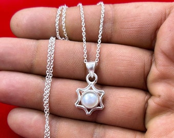 Six Pointed Star Pendant 925 Sterling Silver, Natural Freshwater Pearl Pendant, Silver Pearl Jewelry, Star of Solomon Pendant Chain