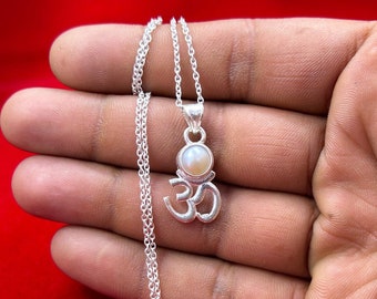 Om Necklace, Spiritual Divine Om Pendant 925 Sterling Silver Necklace, Natural Pearl Yoga Necklace