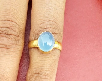 Natural Blue Chalcedony Ring, Brass Handmade Ring, 18K Gold Plated Brass Ring, Semi-Precious Gemstone Ring, Birthday Gift Ring