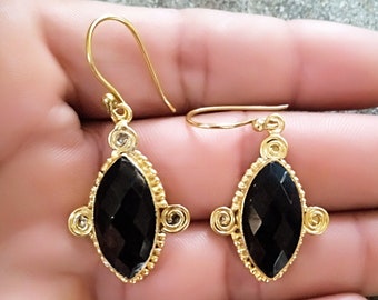 Natural Black Onyx Earrings, Handcrafted Earrings, Handmade Brass Earring, Marquise Earrings, Dangle Earrings For Women