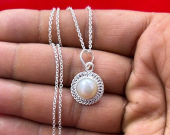 925 Sterling Silver Round Pearl Pendant, Freshwater Pearl Necklace, Natural Pearl Jewelry, Dainty Necklace, Perfect Gift for Mom