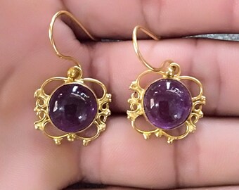 Amethyst Earrings, February Birthstone, Brass Earrings, Purple Stone Earrings, Gold Plated Charms, Womens Gift Earrings