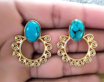 Turquoise Earrings, Handmade Earrings, 18K Matte Gold Earring, Dangle Earrings for Women, Gift Earring, FREE DELIVERY