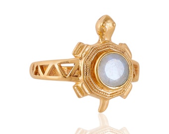 Rainbow Moonstone Ring, Tortoise Ring, 18k Gold Plated Over Brass Ring, Handmade Ring, Faceted Moonstone, Turtles Ring