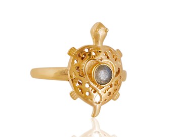 Schildkröten-Ring, Ozean-Schmuck, Meeresschildkröten-Ring, Rundschliff-Labradorit-Ring, Goldschildkröten-Ring, Schildkröten-Unisex-Ring, Goldschildkröten-Charm, Größe 7