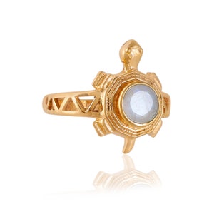 Tortoise Ring, Rainbow Moonstone Round Cut 18k Gold Plated Over Brass Ring, Turtles Spinner Ring, Designer Handmade, Gemstone Turtles Ring image 1