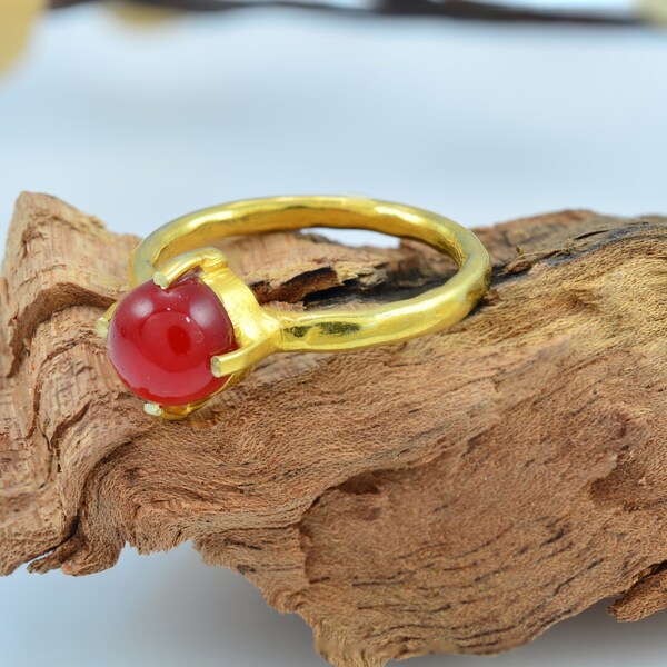 Bague en onyx rouge, or vermeil, bijoux en laiton plaqué or, bague en cornaline délicate, cabochon d'onyx rouge naturel, taille de bague 7