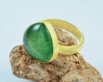 Aventurine Ring, Yellow Gold Ring, Gold Plated Brass Ring, Proposal Ring, Dainty Ring, Everyday Ring, Wedding Gift Ring