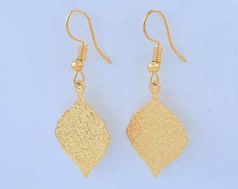 Hammered Disk Drop Hook Earrings, Gold Plated Leaf Earring, Gold Vermeil Earring, Textured Gold Earrings, Gift for Her