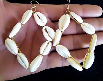 Big Cowrie Shell Earrings, Shell Dangle Earrings, Beach Jewelry, Cowrie Shell Hoops, Statement Sea Shell Earrings, Afrocentric Earrings