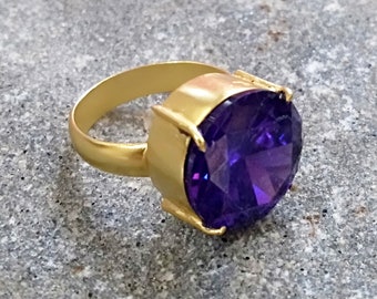 Zircon Ring Women, Purple Zircon Solitaire Engagement Ring, Gold Plated Over Brass Ring, Gold Vermeil Ring, Statement Ring, Gift For Her