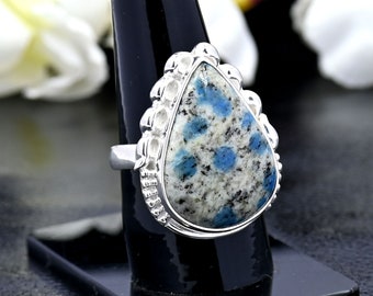 K2 Jasper Ring, Natural K2 Jasper Gemstone Sterling Silver Ring, Raindrop Azurite Statement Ring, Bohemian Jewelry, Teardrop Jasper Ring