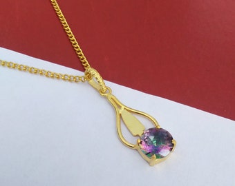 Natural Mystic Topaz Pendant, Gold Plated Pendant, Solitaire Pendant, Brass Gemstone Pendant, Artisan Crafted Pendant