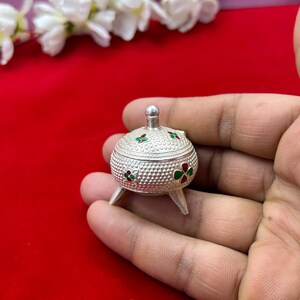 Solid Sterling Silver Handmade Unique Antique Design Brides Eye Kajal Box, Kumkum Sindoor Box, Small Trinket Box Silver Article image 4