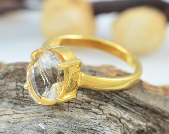 Natural Crystal Rings, 18k Gold Plated Crystal Ring, Crystal Stone Ring, Clear Crystal Engagement Ring, Best Ring for Women, Free Shipping