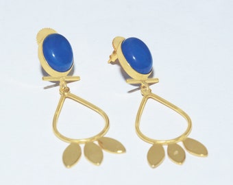 Blue Chalcedony Glass Earring, Gold Plated Earring, Anxiety Relief Jewelry, Chalcedony Gemstone, Healing Stone Jewelry
