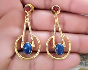 Lapis Lazuli Earrings, Designer Earrings, Gold Plated Brass Earring, Zircon Earrings, Post Dangle Earring, Valentines Gift for Her