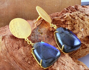 Labradorite Gemstone Earring, Flashy Labradorite, Prong Set Earring, 18K Gold Plated Brass Earring, Women Dangle Earring