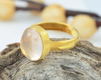 Natural Rose Quartz Ring, 18k Gold Plated Ring, Natural Gemstone Jewelry, Pink Stone Ring, Gift For Her, FREE SHIPPING