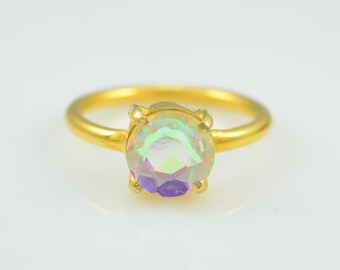 Mystic Topaz Ring, Solitaire Engagement Ring, Natural Mystic Topaz Handmade Brass Ring, 18K Gold Plated Ring Size 8