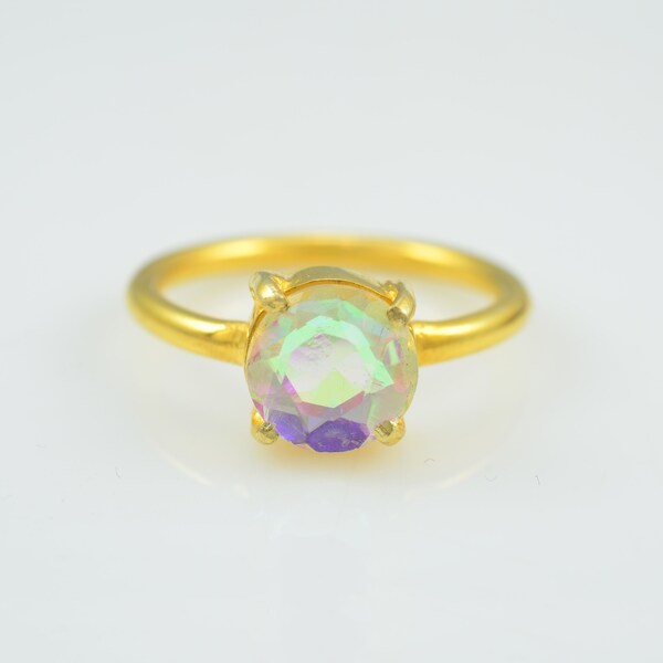 Mystic Topaz Ring, Solitaire Engagement Ring, Natural Mystic Topaz Handmade Brass Ring, 18K Gold Plated Ring Size 8