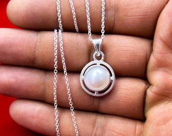 Pearl Necklace in 925 Sterling Silver, 10x10mm Round Pearl Necklace, Genuine Freshwater Pearl Pendant Necklace