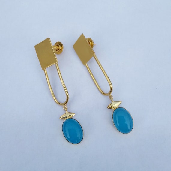 18K Gold Plated 925 Sterling Silver Blue Chalcedony Gemstone Dangle Earrings 