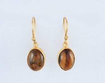 Tiger's Eye Earrings, 18K Gold Plated Dangle Earring, Natural Tiger Eye Gemstone Earrings, Handmade Earrings, Daily Wear